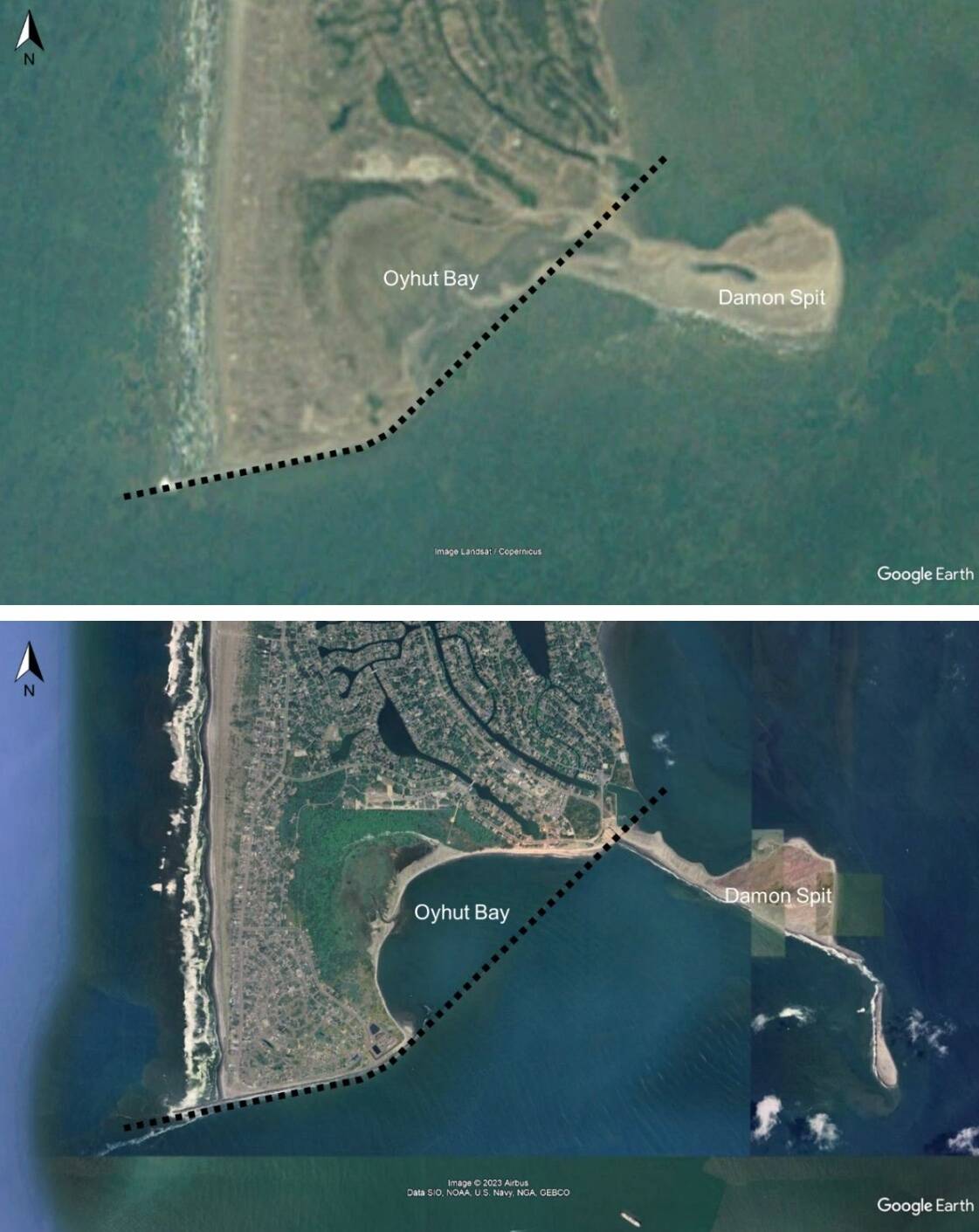 Courtesy of Mott MacDonald
Two aerial photos from 1985 (top) and 2023 (bottom) show the extent of erosion on the southern shoreline of the Ocean Shores peninsula. The black dashed line indicates the U.S. Army Corps of Engineers North Jetty and remnant jetty.