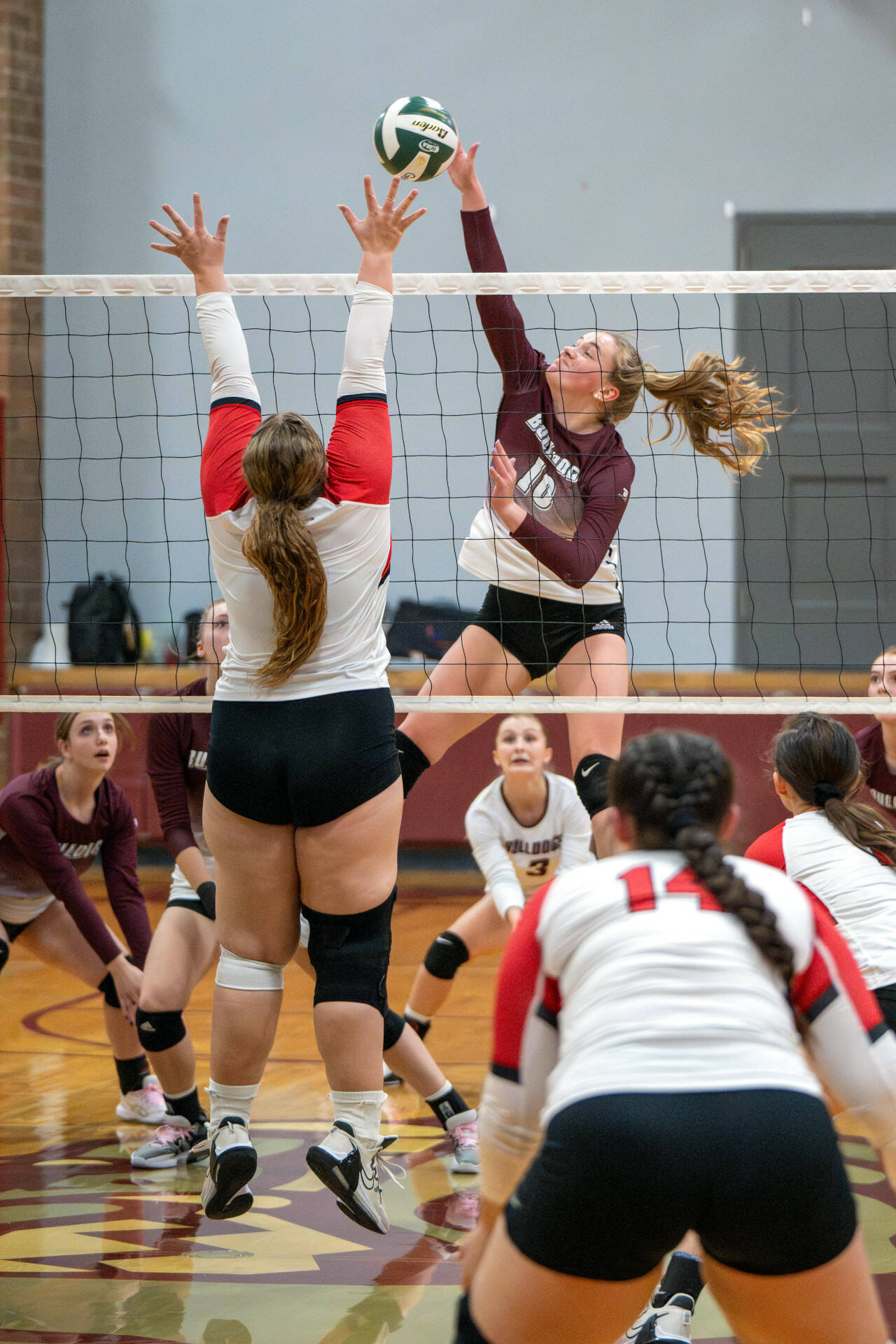 PHOTO BY FOREST WORGUM Montesano outside hitter Kaila Hatton (10) records a kill during a 3-2 win over Castle Rock in the 1A District 4 Tournament on Wednesday in Montesano.