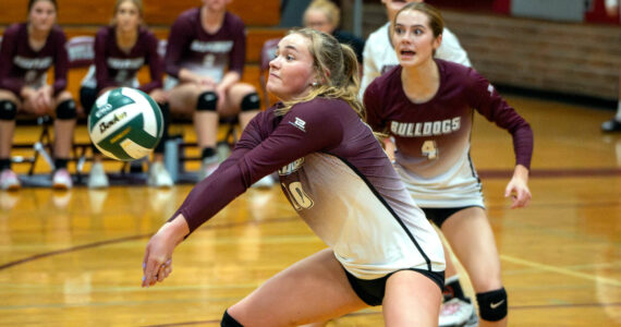PHOTO BY FOREST WORGUM 
Montesano outside hitter Kaila Hatton (10) receives a serve during a 3-2 win over Castle Rock in the 1A District 4 Tournament on Wednesday in Montesano.