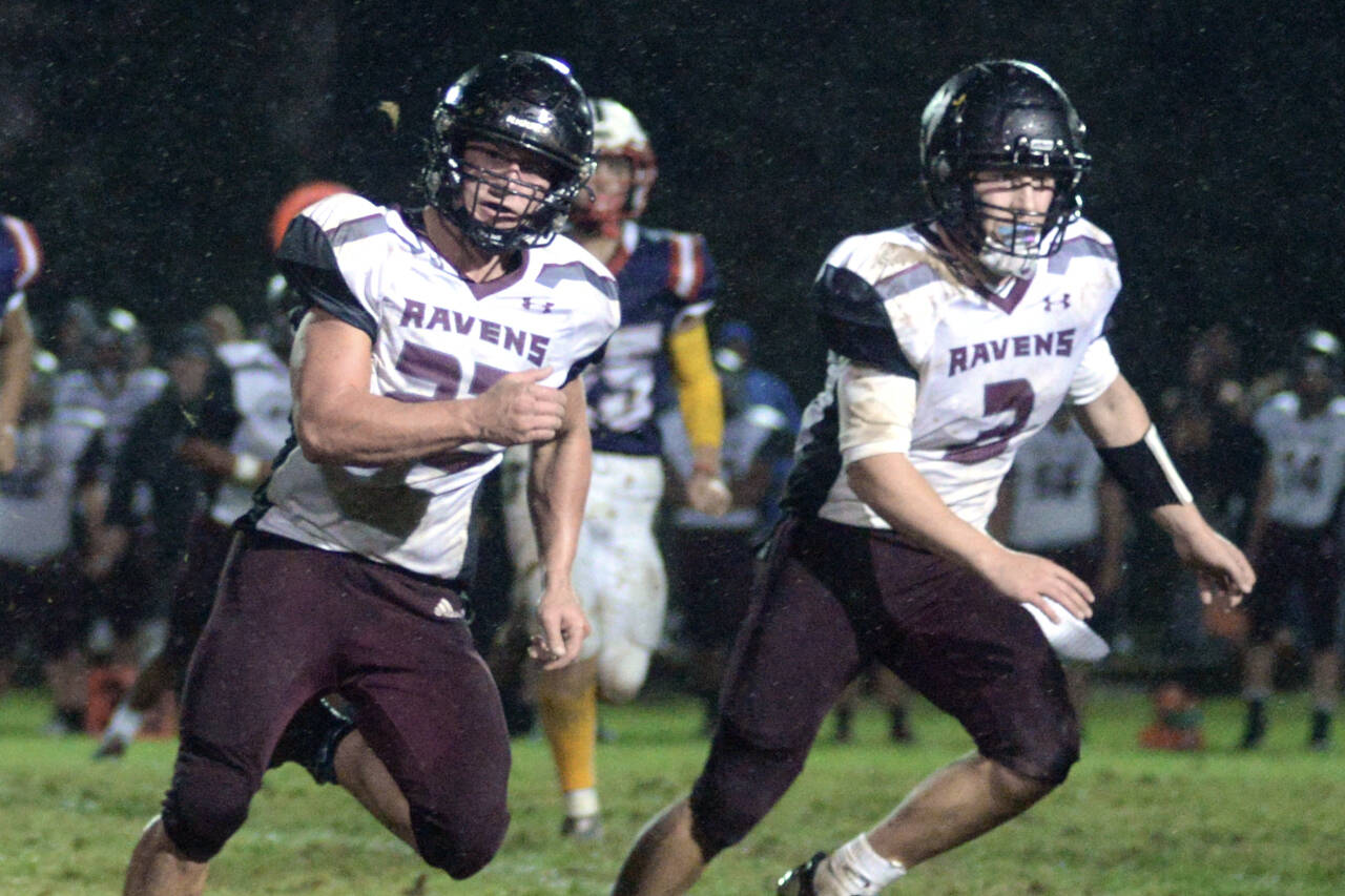 DAILY WORLD FILE PHOTO Raymond-South Bend linebacker Robbie Stigall, left, was named the 2B Central-North League’s Defensive MVP for the 2023 season. Teammate Austin Snodgrass (3) received three all-league nods.