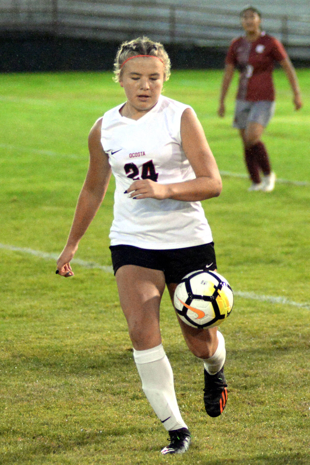 DAILY WORLD FILE PHOTO Ocosta eighth-grade forward Bristol Towle, seen here in a file photo from Sept. 28, was named to the 2B Central-Pacific League’s First Team after scoring 31 goals to break a school record for first-year varsity players this season.