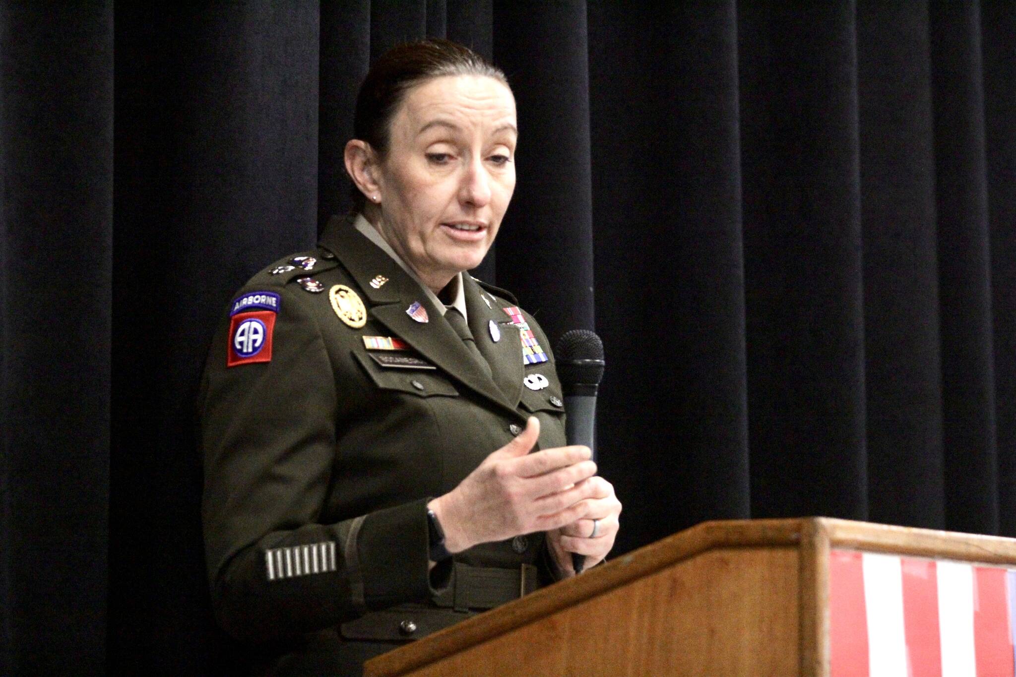 Michael S. Lockett / The Daily World
Lt. Col. Jennifer Bocanegra, an Army public affairs officer with 1st Corps, speaks during a Veterans Day ceremony at St. Mary School on Nov. 9.