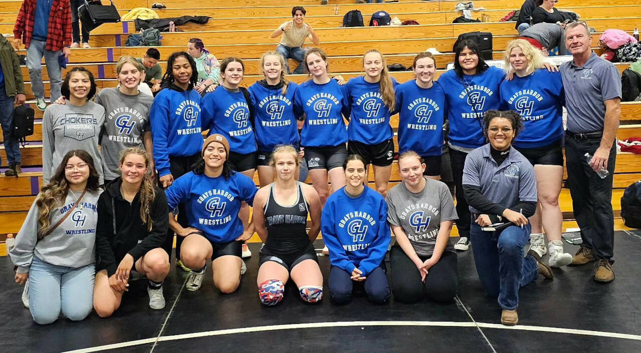 SUBMITTED PHOTO The Grays Harbor College women’s wrestling team poses for a photo during the Mountaineer Open on Sunday, Nov. 5 in La Grange, Oregon.