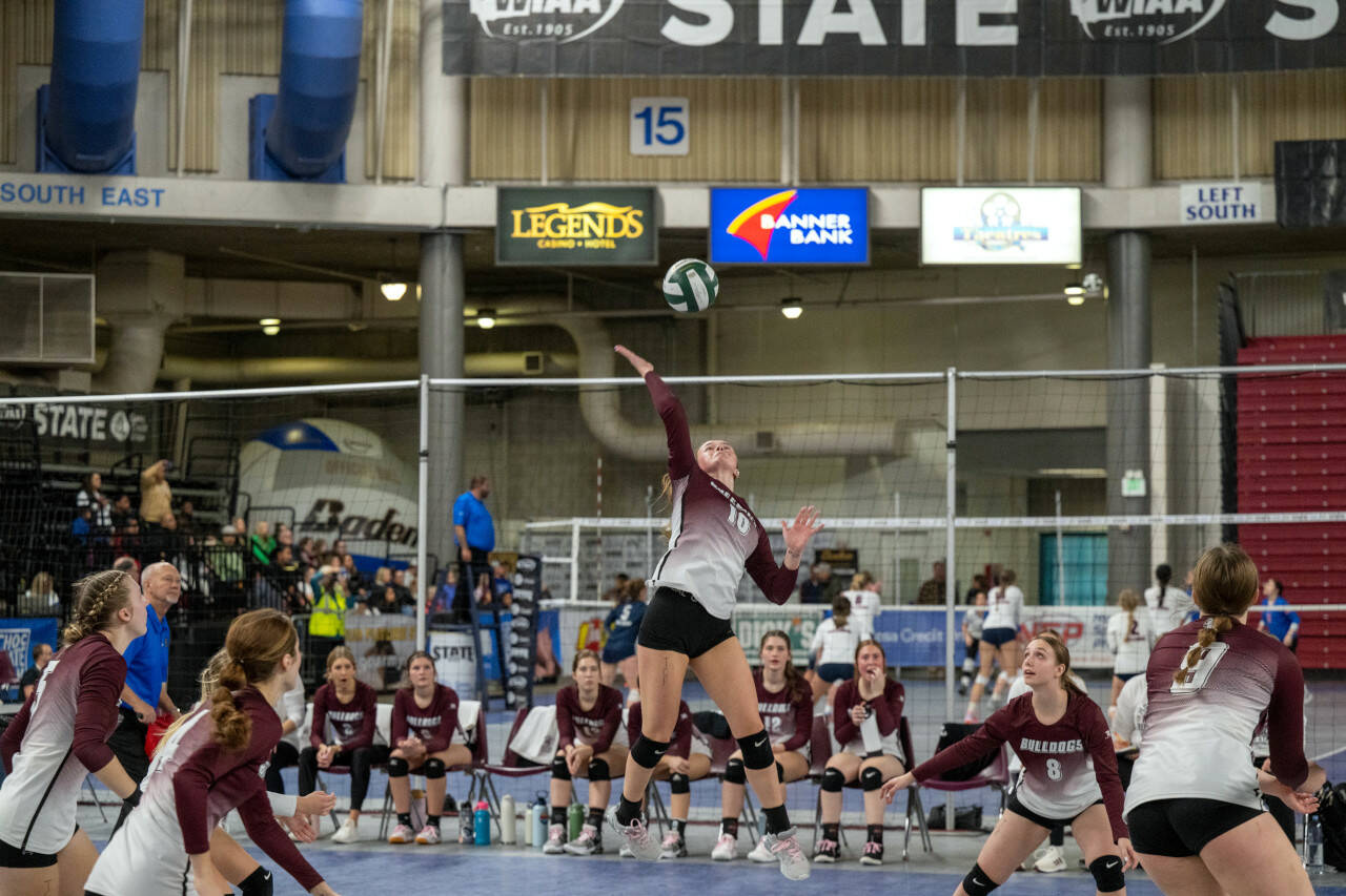 PHOTO BY FOREST WORGUM Montesano’s Kaila Hatton attempts a kill during the 1A WIAA State Volleyball Tournament on Friday at the Yakima Valley SunDome.