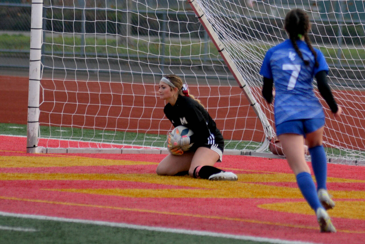 RYAN SPARKS | THE DAILY WORLD Montesano senior goal keeper Riley Timmons makes a save in the second half of the Bulldogs’ 3-1 win over La Center in the 1A State third/fourth-place game on Saturday in Tacoma.