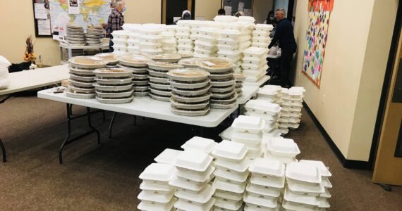 Natali Burgess 
Meal preparations stacked up during a community Thanksgiving meal event at Immanuel Baptist Church in 2022. The church served 1,200 people last year and expects that number could be even larger this year.