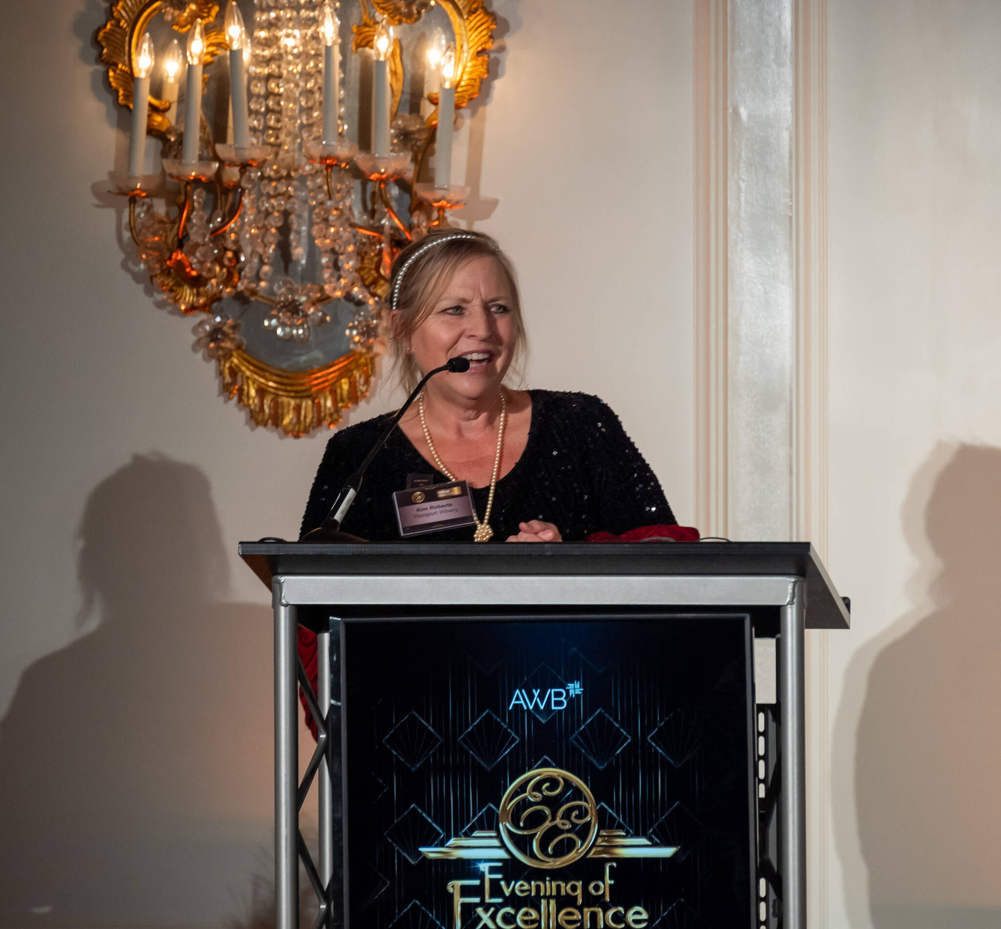 Photo: Brian Mittge / AWB
Kim Roberts of Westport Winery accepts the AWB Excellence in Family Owned Business Award at the 2023 AWB Evening of Excellence, held Thursday, Nov. 16 at the Fairmont Olympic Hotel in downtown Seattle. This award is given to a family-owned business that is setting the standard for excellence and success by growing the business while serving their communities and paying close attention to the personal touch in customer service. Westport Winery Garden Resort, Aberdeen, is owned and operated by the Roberts family, including Blain, Kim and daughter Carrie. The resort is also the home of Ocean’s Daughter Distillery, the Sea Glass Grill and the International Mermaid Museum. The business was named 2022 Washington Winery of the Year and has earned more than 700 medals in international wine competitions.