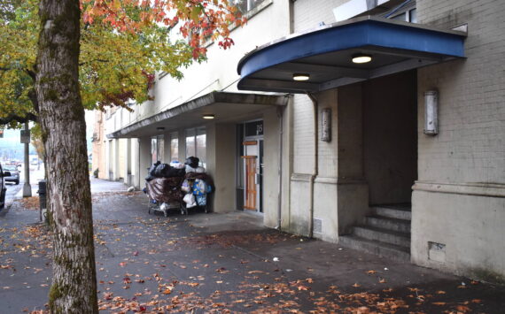 Clayton Franke / The Daily World
Only one resident of about 10-15 remained in a homeless encampment area on Market Street in Aberdeen Thursday afternoon after a building owner filed a no trespass order, which applies to the storefronts and neighboring parking lots.