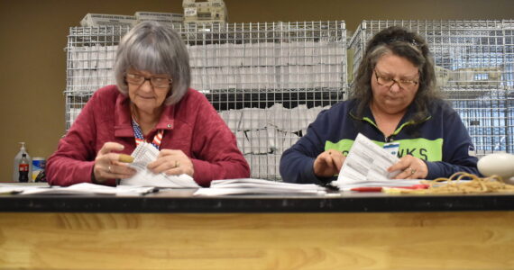 Grays Harbor County elections employees Sue Wilson and Debby Hammer recount ballots by hand at the county elections office in Montesano on Thursday, Dec. 7. (Clayton Franke / The Daily World)