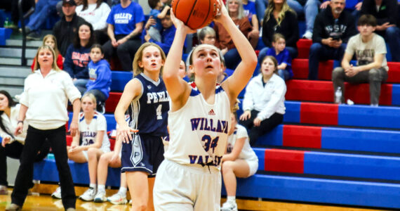 PHOTO BY LARRY BALE Willapa Valley’s Addison Merkel, seen here in a file photo, scores 18 points to lead the Vikings to a 40-28 win over Ocosta on Saturday in Menlo.