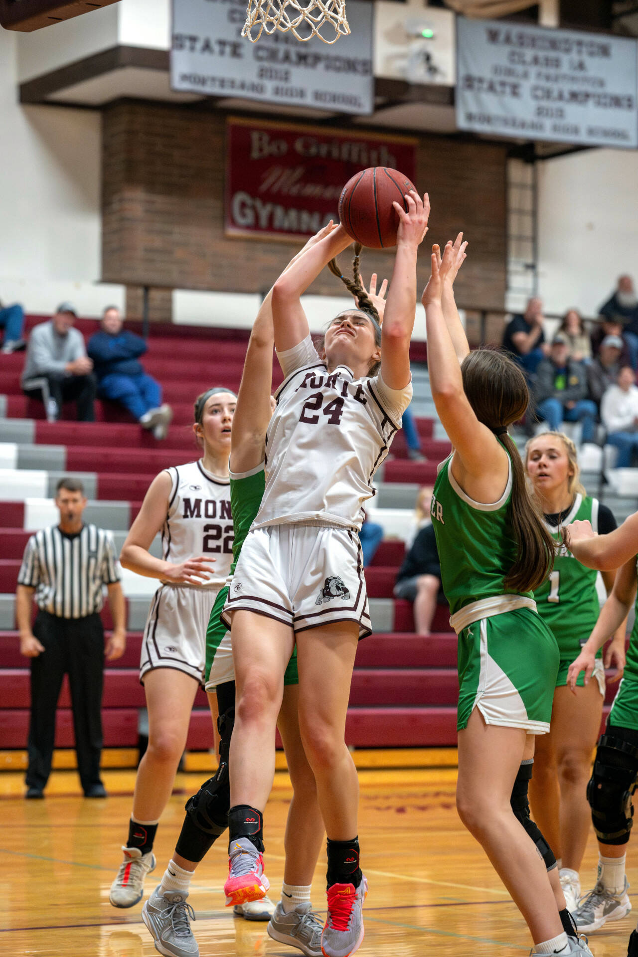 PHOTO BY FOREST WORGUM Montesano’s Jillie Dalan (24) had a double-double in a 28-23 loss to Tumwater on Saturday in Montesano.