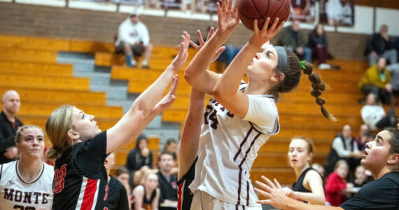PHOTO BY FOREST WORGUM Montesano’s Jillie Dalan, right, puts up a shot during a 51-11 win over Tenino on Wednesday at Montesano High School.