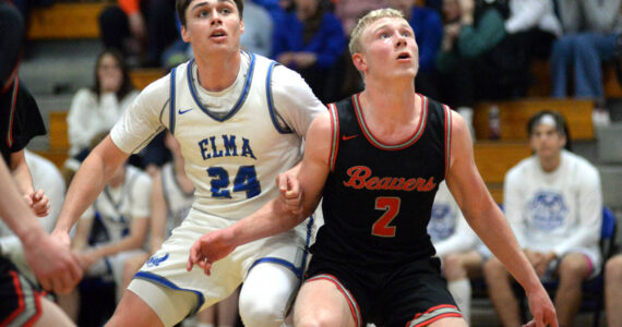 RYAN SPARKS | THE DAILY WORLD Elma’s Carter Studer (24) and Tenino’s Austin Gonia ready for a rebound during the Eagles’ 55-52 loss on Thursday at Elma High School.