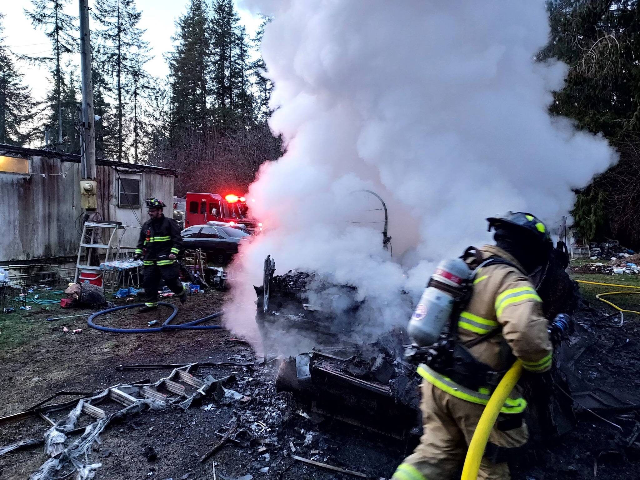 Firefighters from East Grays Harbor Fire & Rescue, Oakville and McCleary tackled an RV fire on Highway 12 on Sunday afternoon. (Courtesy photo / EGHFR)
