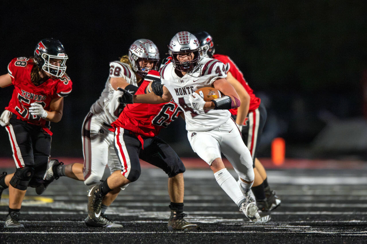 PHOTO BY FOREST WORGUM 
Montesano senior running back Gabe Bodwell (44), seen here in a file photo, was named to the WSFCA 1A All-State football team for the 2023 season.