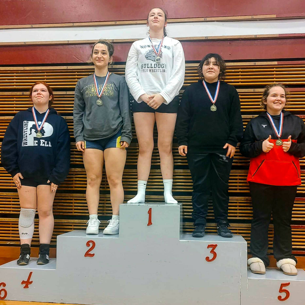 SUBMITTED PHOTO Montesano senior Kya Roundtree (1) won the 170-pound championship at the WIAA District 4 Girls North 1B/2B/1A/2A Sub-Regional meet on Saturday at Hoquiam High School. Aberdeen’s Mycah Good (2) and Pe Ell’s Peyton Pilz (4) are also pictured.