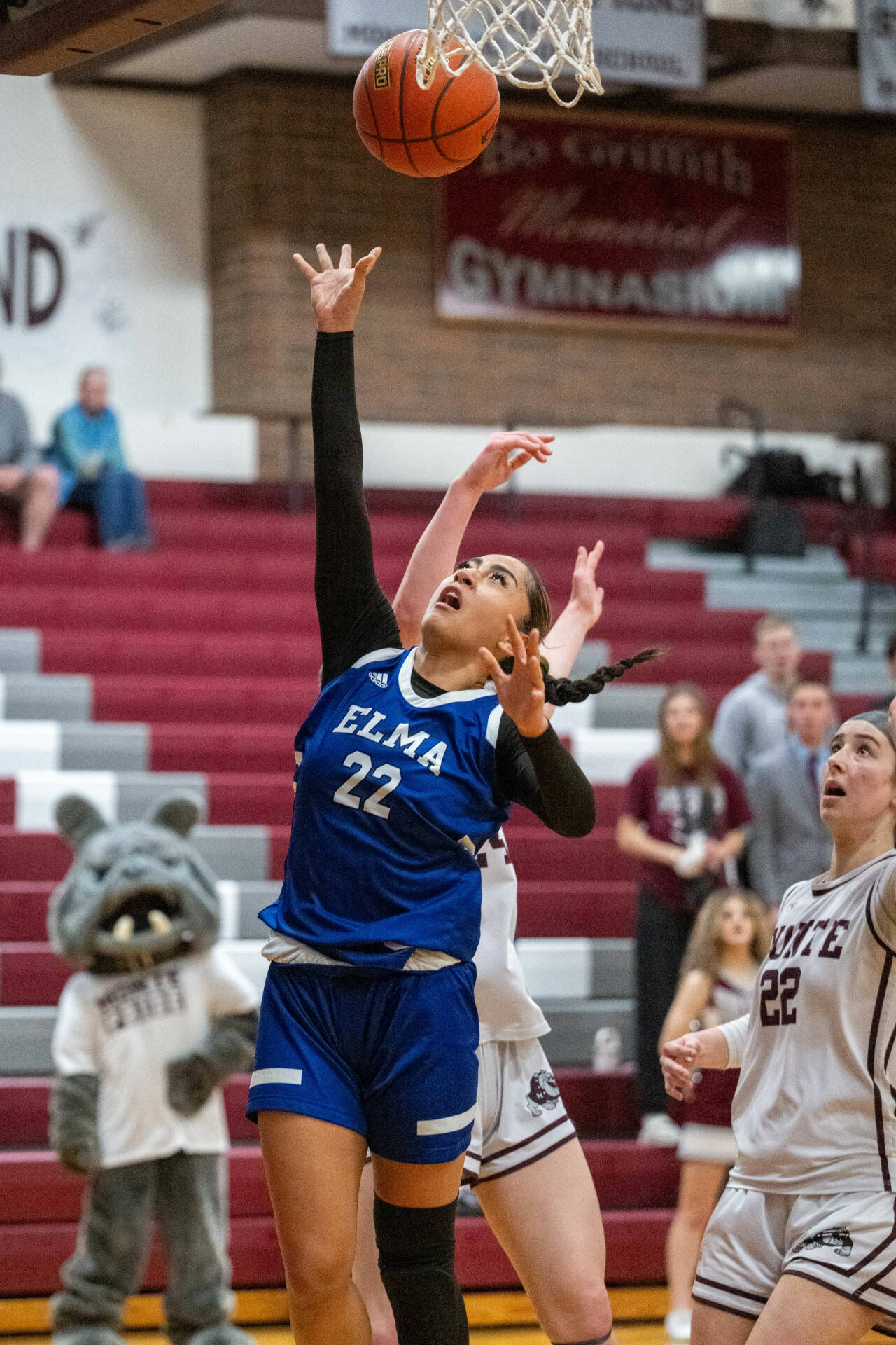 PHOTO BY FOREST WORGUM Elma’s Eliza Sibbett (22) scores on a layup during the Eagles’ 37-22 loss to Montesano in a 1A District 4 semifinal game on Saturday in Montesano.