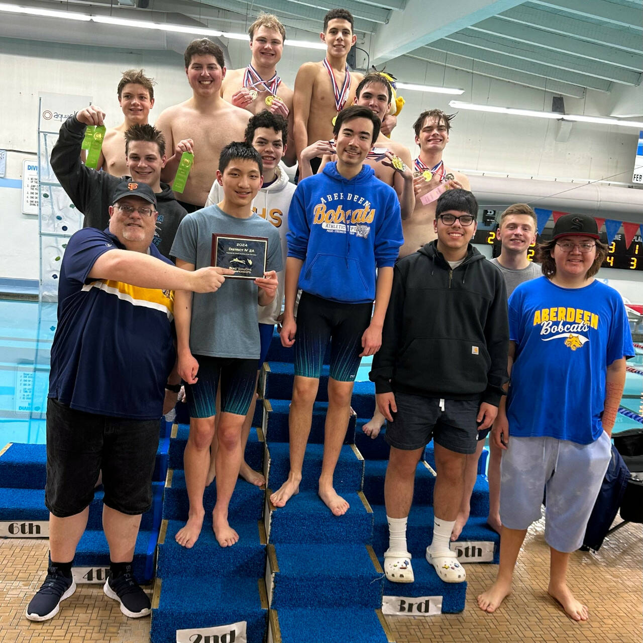 SUBMITTED PHOTO The Aberdeen High School boys swim and dive team won the team title at the 2A District 4 Championships on Saturday at Mark Morris High School in Longview.