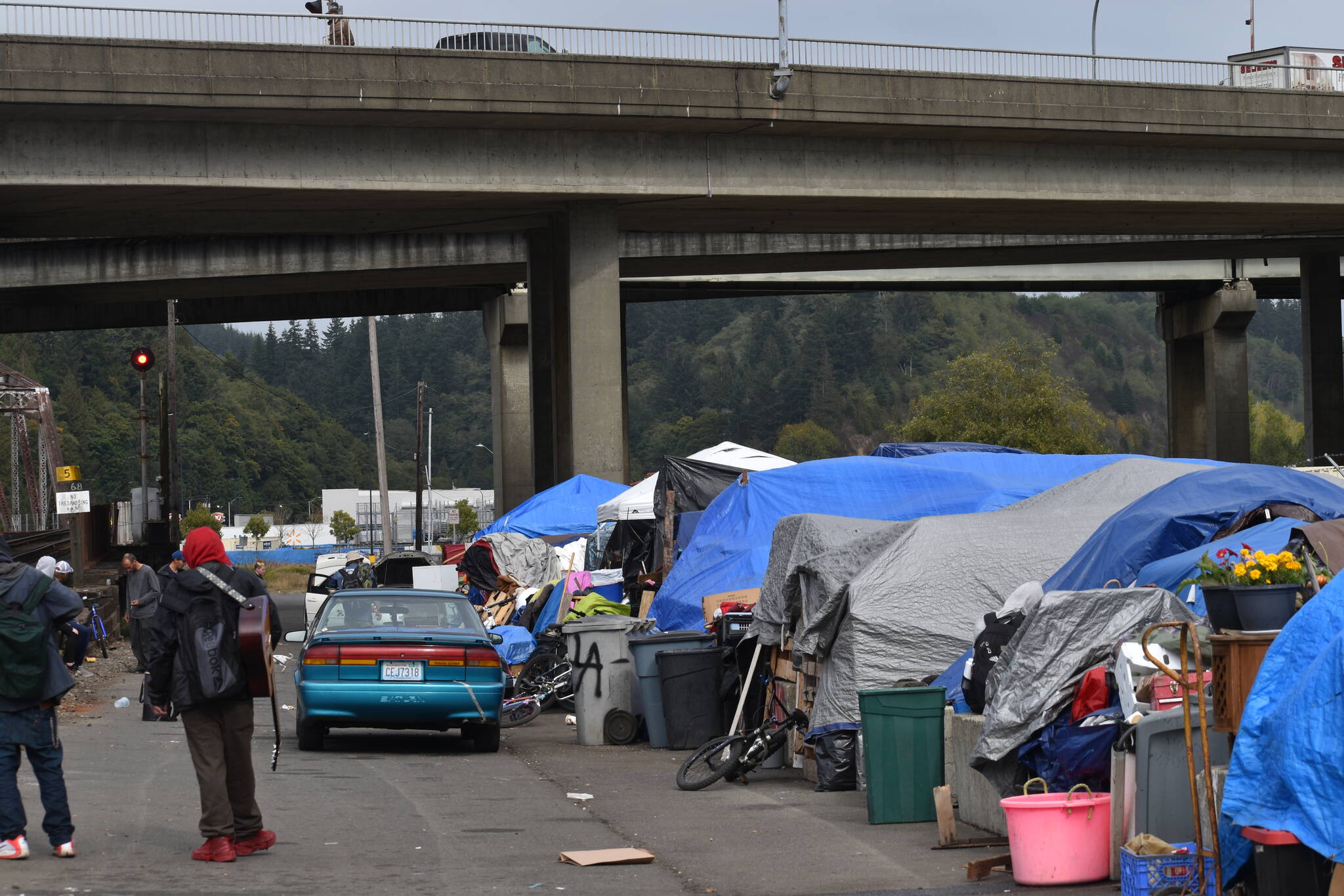 The Daily World file photo
Pictured during the fall of 2023, Grays Harbor’s largest homeless encampment is located near the Chehalis River bridge in Aberdeen.