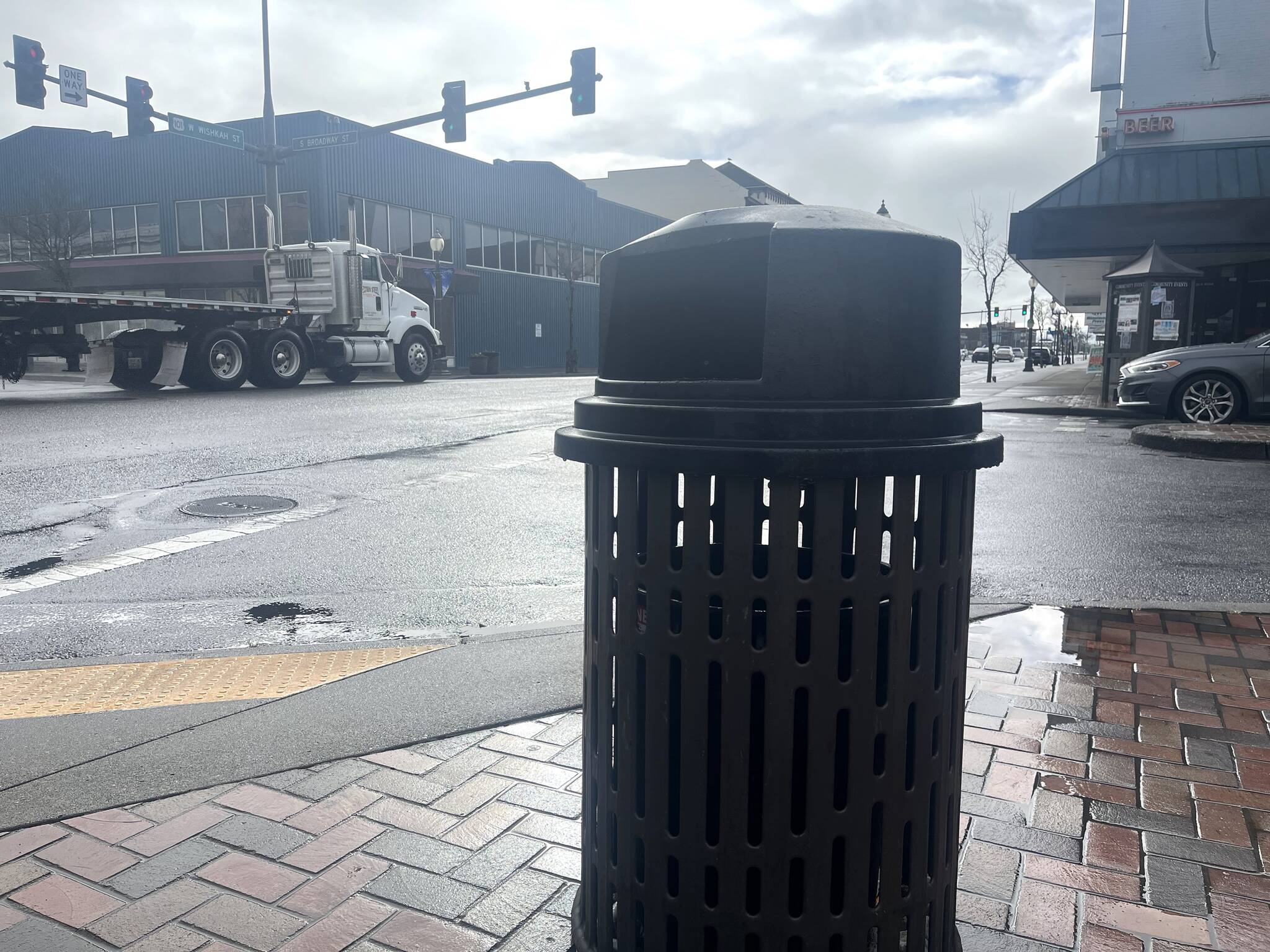 Soon the City of Aberdeen, through a five-year contract with Big Belly, will bolster its waste management with a better looking, “smart” garbage can from Bigbelly. The Bigbelly cans will be fully-enclosed where people can only throw garbage in, not pull it out. Some of the cans will also have a fullness indicator and some will also have a compactor element and be either solar- or battery-powered. (Matthew N. Wells / The Daily World)