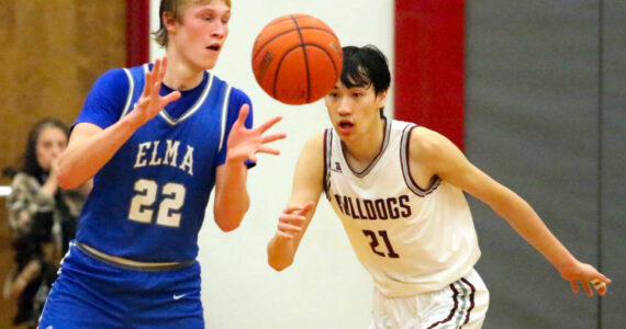 RYAN SPARKS | THE DAILY WORLD Elma’s Cason Seaberg (22) receives a pass while Montesano’s Delon Chan defends during the Bulldogs’ 63-54 win in the 1A District 4 third-place game on Saturday at Hoquiam High School.