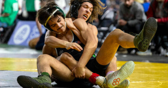 PHOTO BY FOREST WORGUM Hoquiam’s Kingston Case, background, wrestles against Toppenish’s Anthony Sifuentes during a 1A 138-pound match at the Mat Classic XXXV on Friday at the Tacoma Dome.
