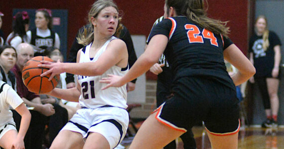 DAILY WORLD FILE PHOTO Raymond-South Bend sophomore Kassie Koski (21), seen here in a file photo, was named to the 2B Pacific All-League First Team after leading the Ravens in scoring this season.