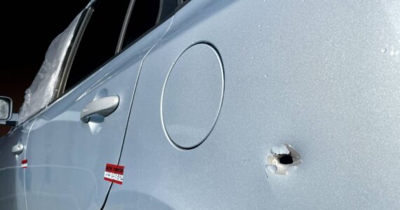 Michael S. Lockett / The Daily World
The impact from a handgun round is visible on a vehicle involved with a shooting in Aberdeen Thursday.