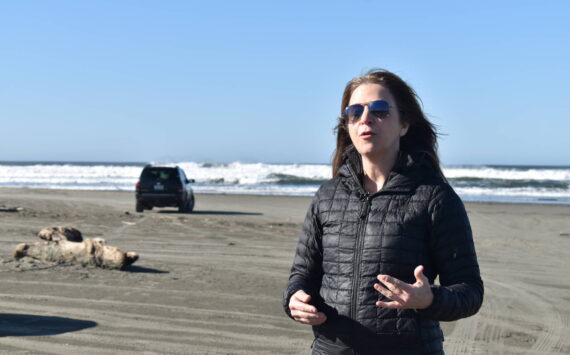 Clayton Franke / The Daily World
Washington Commissioner of Public Lands Hilary Franz talks on Feb. 23 at the state Route 115 beach approach in Ocean Shores. Franz called on the National Oceanic and Atmospheric Administration to continue funding the state’s tsunami mitigation research.