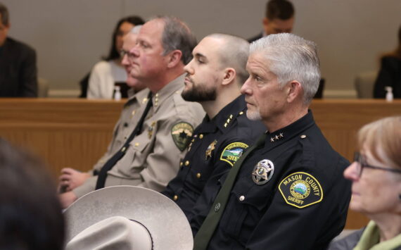 Michael S. Lockett / The Daily World
Sheriffs and police chiefs watch during a public hearing on a police pursuit initiative in Olympia on Wednesday.