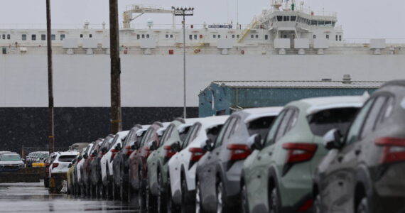 Michael S. Lockett / The Daily World
Rows of cars sit unloaded from the vast roll-on/roll-off car carrier at the Port of Grays Harbor.