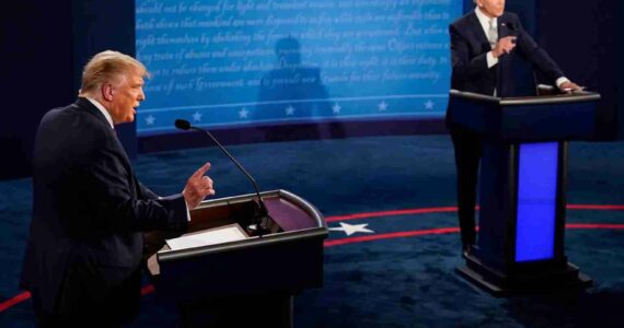 Morry Gash / Pool
President Donald Trump and Democratic presidential candidate former Vice President Joe Biden exchange points during the first presidential debate Sept. 29, 2020, at Case Western University and Cleveland Clinic, in Cleveland, Ohio.