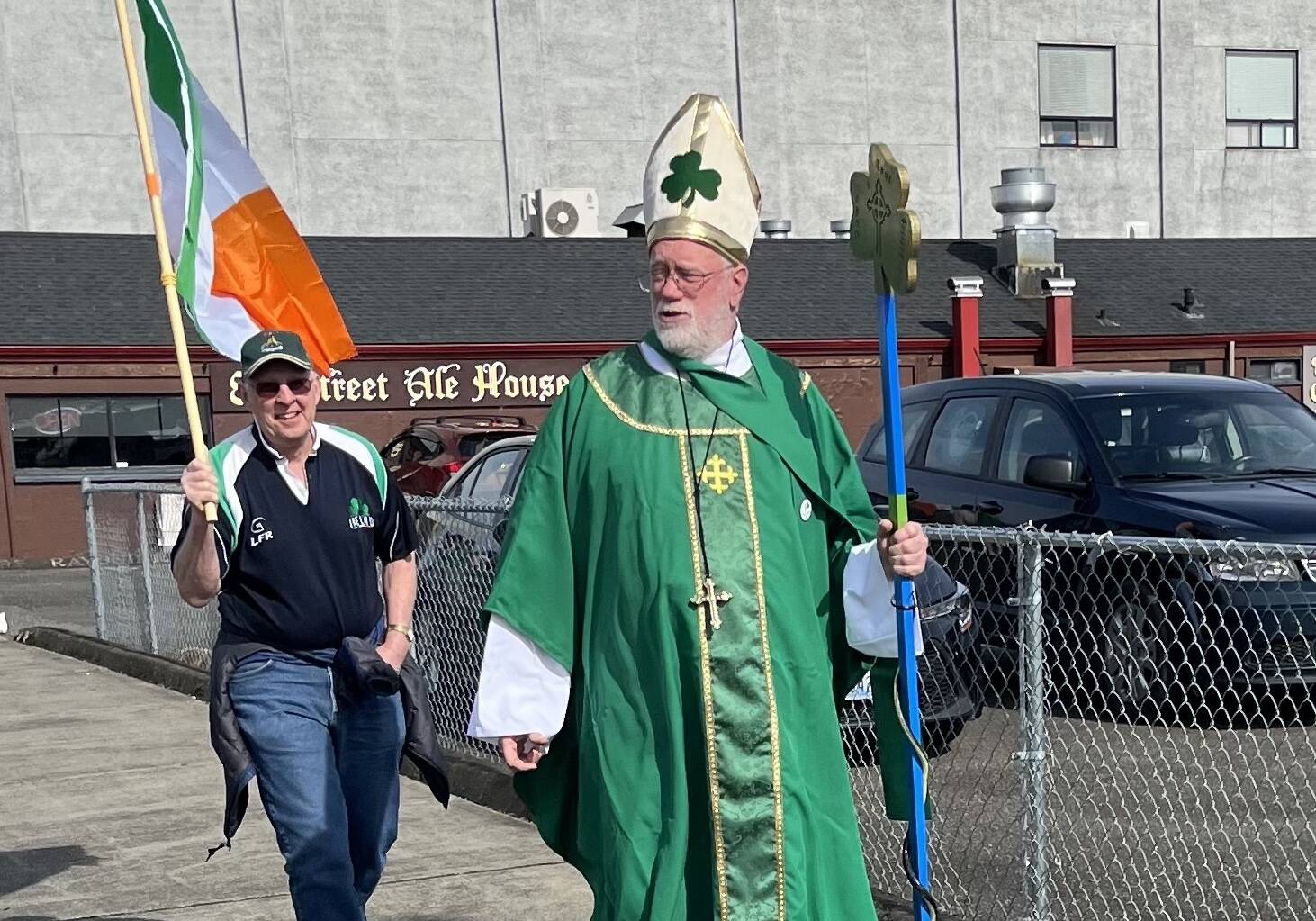 Bill Gibbons, costumed as St. Patrick, leads a St. Patrick’s Day Parade from the 8th Street Ale House in Hoqiuam. (Courtesy photo / Linda Gibbons)