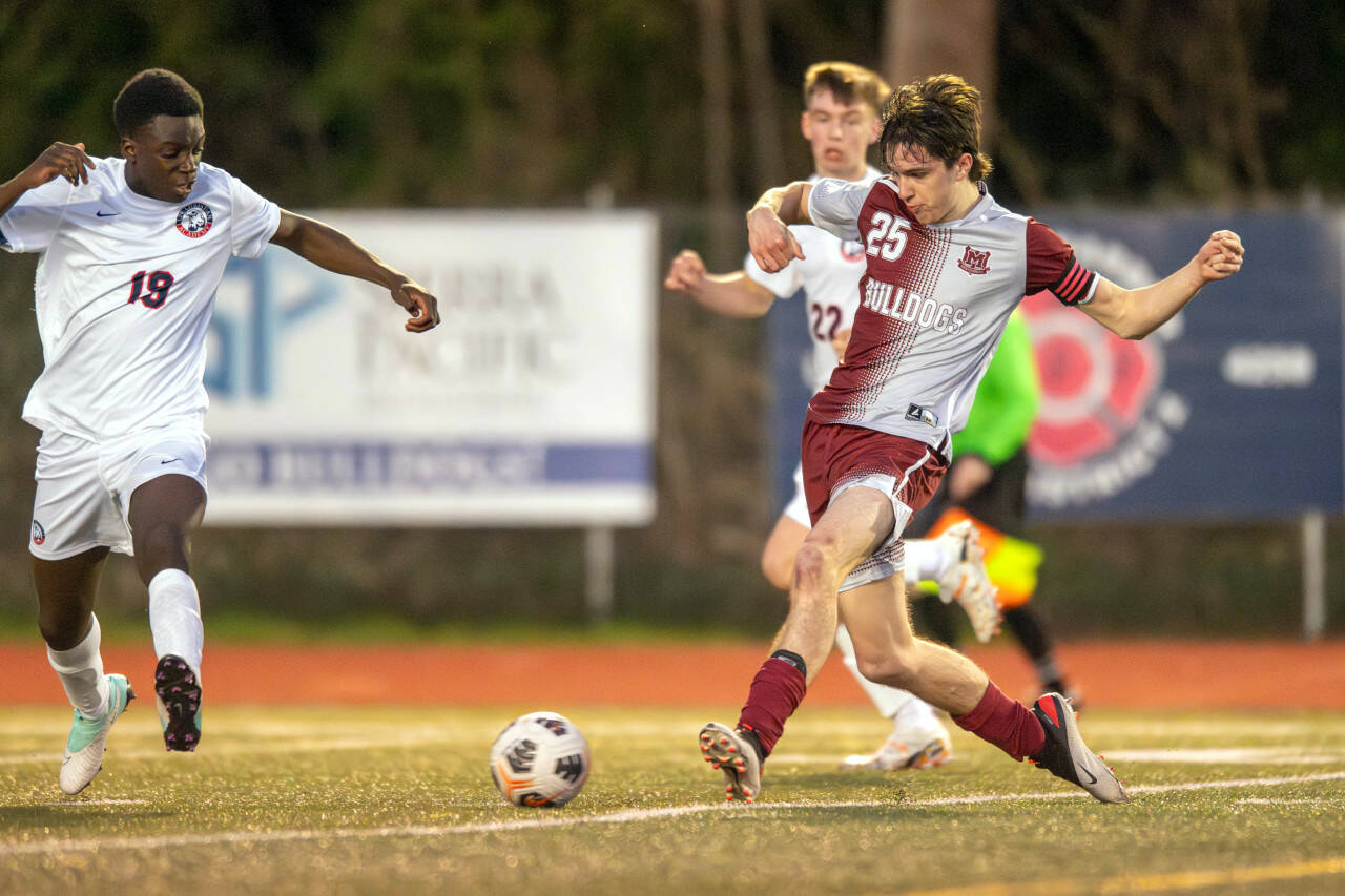PHOTO BY FOREST WORGUM Montesano senior Levi Clements (25) passes the ball during a 1-0 loss to Life Christian Academy on Thursday at Jack Rottle Field in Montesano.