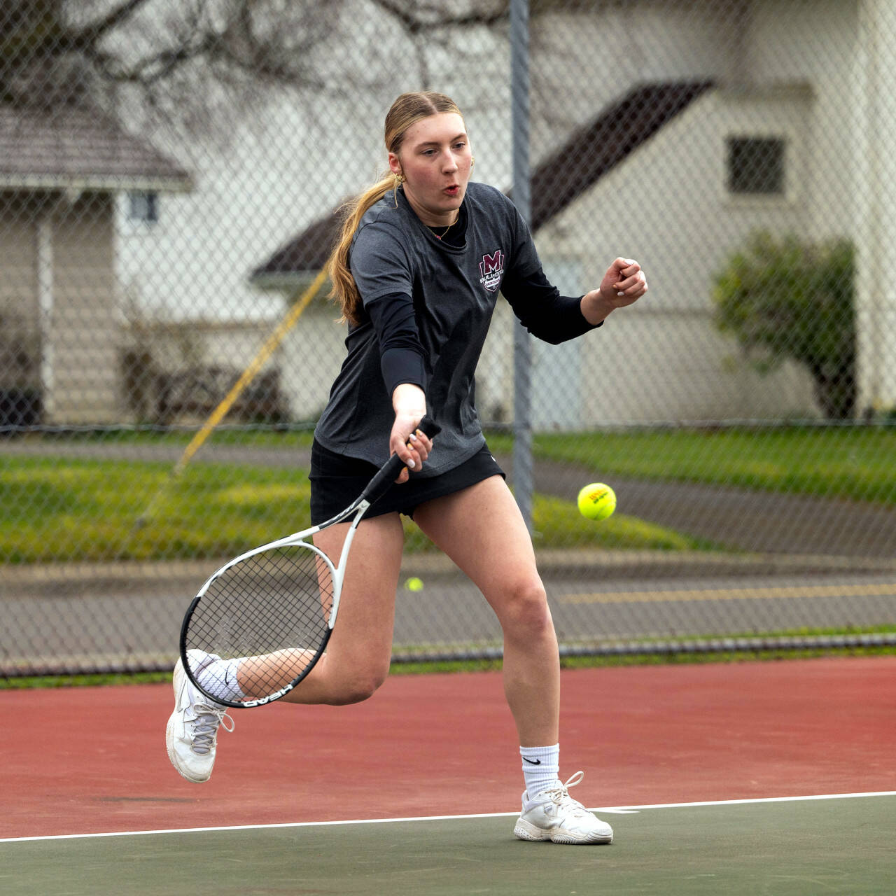 PHOTO BY FOREST WORGUM Montesano’s Karissa Otterstetter hits a forehand shot during a singles victory against Stevenson on Tuesday in Montesano.