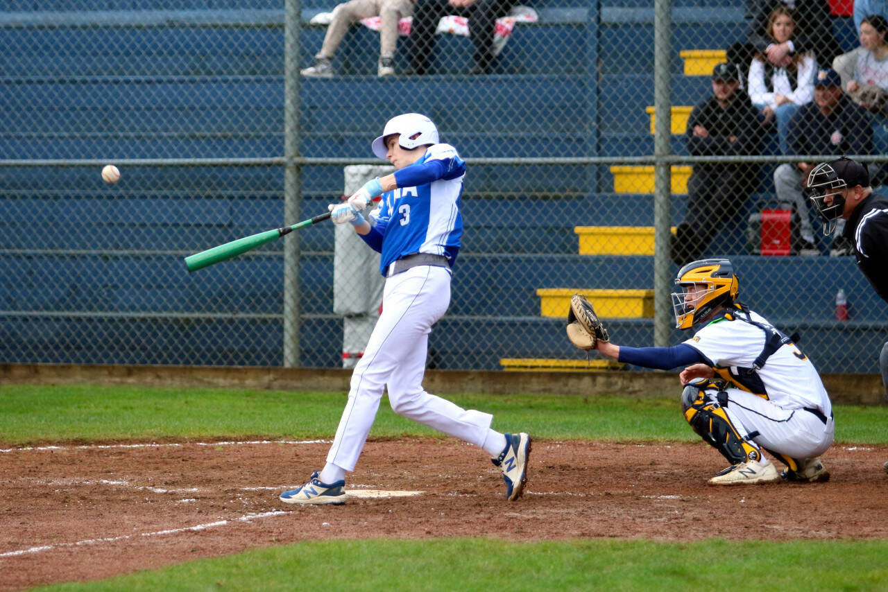 RYAN SPARKS | THE DAILY WORLD Elma outfielder Isaac McGaffey (3) tied the game with a two-run double during a 5-3 win over Aberdeen on Friday at Pioneer Park in Aberdeen.