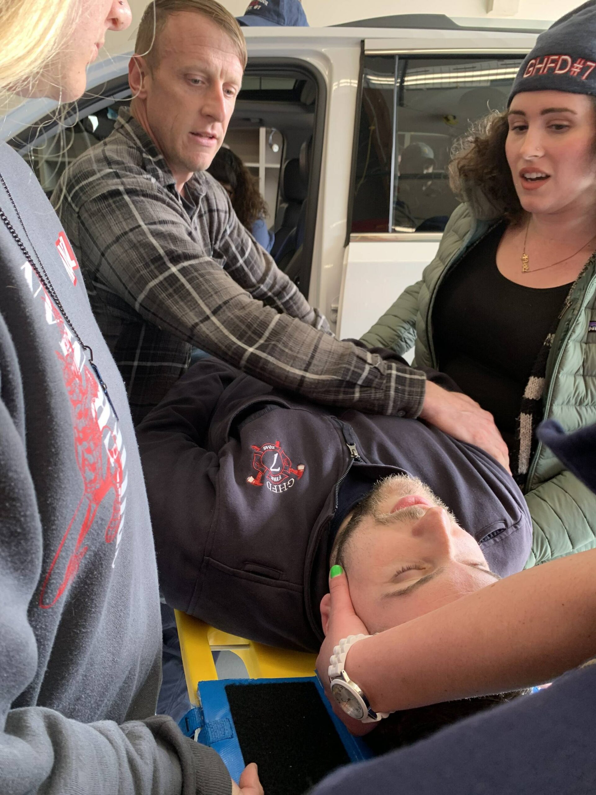 Students in the county’s EMT certification course practice removing a patient from a vehicle on March 23. (Hoquiam Fire Department)