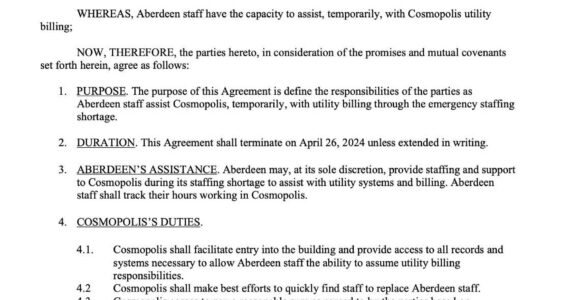 (Courtesy of city of Aberdeen) The first page of a four page proposed agreement between the cities of Aberdeen and Cosmopolis that would allow Aberdeen staff to temporarily help Cosmopolis perform utility billing work.