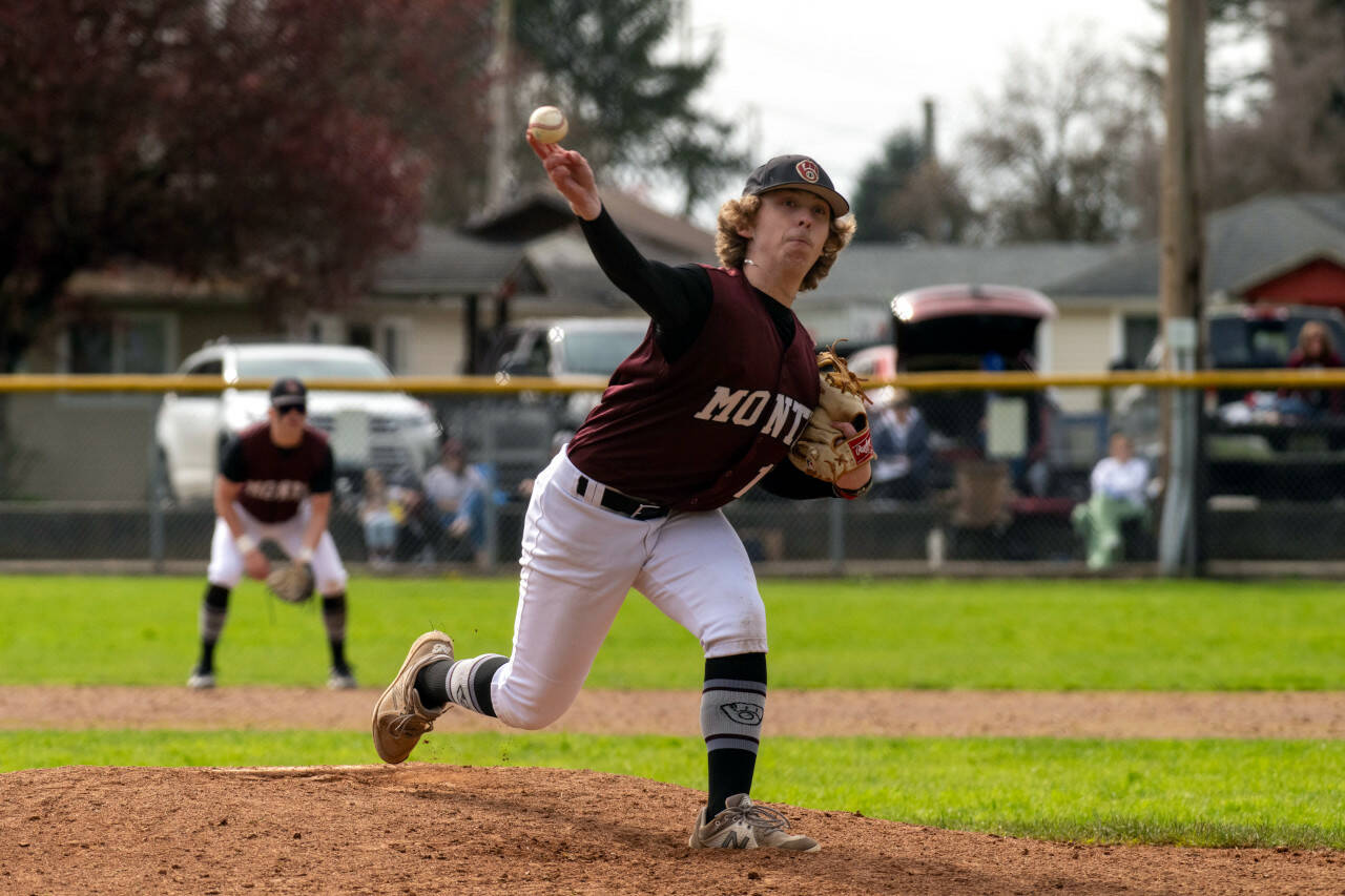 PHOTO BY FOREST WORGUM Montesano relief pitcher Skylar Bove closed out a 12-4 win over Elma in Game 2 of a double header on Saturday at Vessey Field in Montesano.