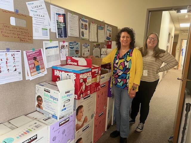 Erin Schrieber
Parent educators Marisela Martinez and Nikki Gwin stand next to diapers at the Grays Harbor County Public Health building in Aberdeen set to be delivered to the community through the health department’s new diaper bank network.