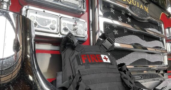 Michael S. Lockett / The Daily World
A fire department plate carrier sits atop a Hoquiam fire truck as the department readies for the active shooter exercise scheduled for Saturday, April 20.