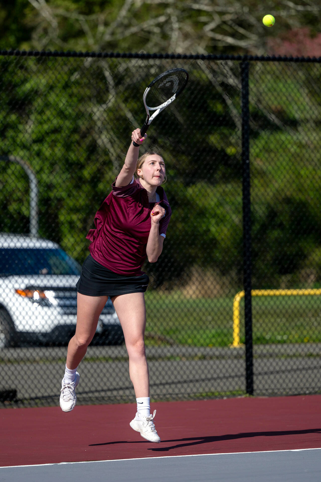 PHOTO BY FOREST WORGUM Montesano’s Karissa Otterstetter serves during a 6-0, 6-0 singles-match victory over Hoquiam’s Ashlynn Amsbury on Tuesday in Montesano.