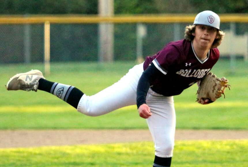 <p>RYAN SPARKS | THE DAILY WORLD Montesano pitcher Skylar Bove allowed one hit over six innings to lead the Bulldogs to a 6-0 win over Hoquiam on Tuesday at Vessey Field in Montesano.</p>