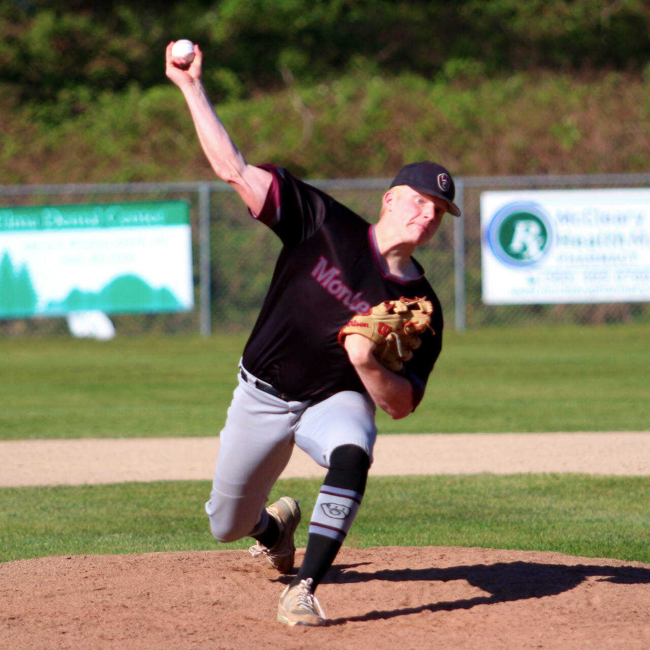 RYAN SPARKS | THE DAILY WORLD Montesano pitcher Cam Taylor earned the victory in a 13-0 win over Elma on Tuesday at Eagle Field in Elma.