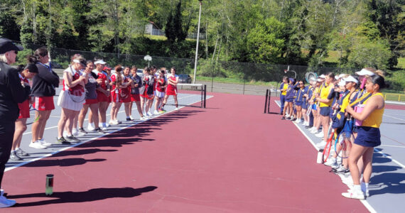 SUBMITTED PHOTO Hoquiam, left, and Aberdeen faced off in a girls tennis match for the first time in 13 years on Tuesday in Hoquiam.