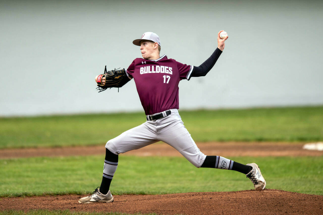 PHOTO BY FOREST WORGUM Montesano freshman pitcher Caden Grubb got the Bulldogs of to a good start in the 1A District 4 Tournament with a 12-2 victory in five innings over Castle Rock in a first-round game on Monday in Hoquiam.