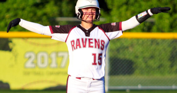 RYAN SPARKS | THE DAILY WORLD Raymond-South Bend’s Kassie Koski gestures toward her teammates after driving in a run during a 12-3 victory over Napavine in a 2B District 4 Tournament first-round game on Monday in Montesano.