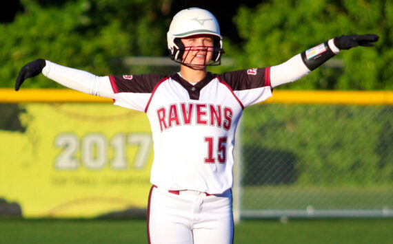 RYAN SPARKS | THE DAILY WORLD Raymond-South Bend’s Kassie Koski gestures toward her teammates after driving in a run during a 12-3 victory over Napavine in a 2B District 4 Tournament first-round game on Monday in Montesano.