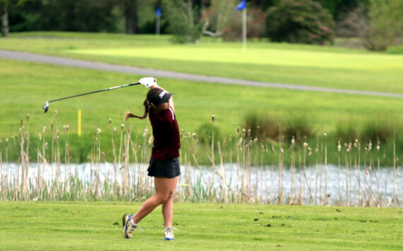 SUBMITTED PHOTO Montesano’s Hailey Blancas is in the lead after the first day of competition at the 1A District 4 Girls Golf Tournament on Monday at the Tumwater Valley Golf Course.