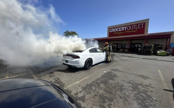 A car was destroyed by fire in a grocery store parking lot in Aberdeen Wednesday. (Aberdeen Fire Department)
